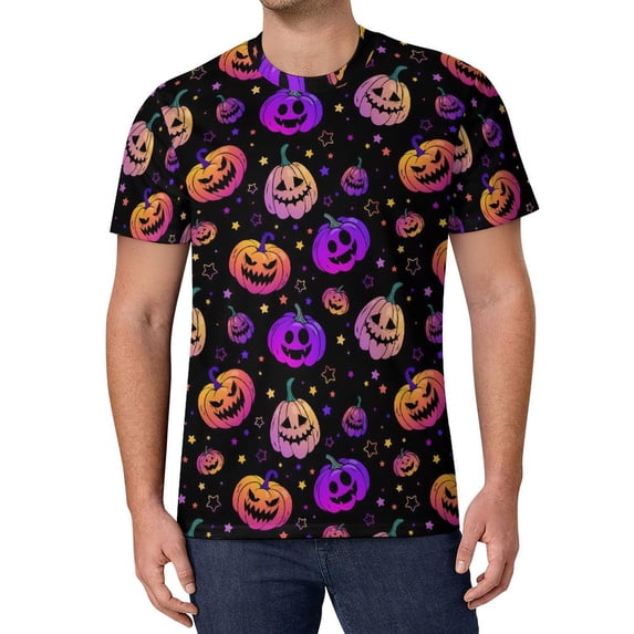 T Shirt For Men Neon Pumpkins Halloween Print Aesthetic T-Shirts O-Neck Novelty Tshirt Beach Male De