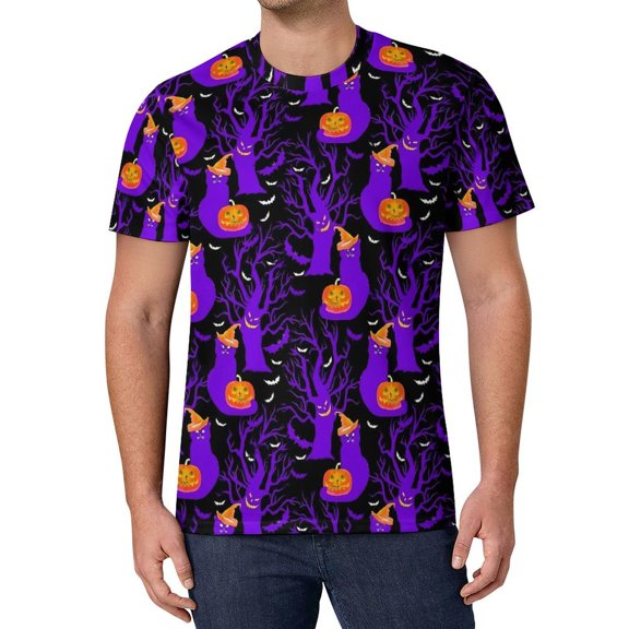 T Shirt For Men Neon Pumpkins Halloween Print Aesthetic T-Shirts O-Neck Novelty Tshirt Beach Male De