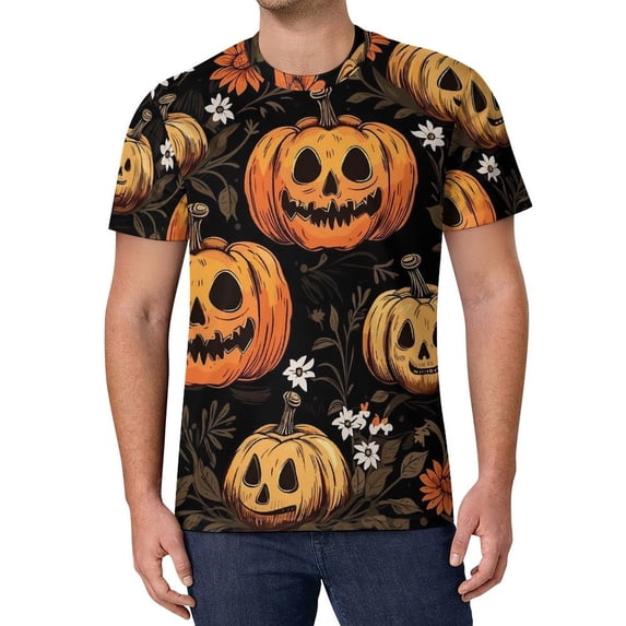 T Shirt For Men Neon Pumpkins Halloween Print Aesthetic T-Shirts O-Neck Novelty Tshirt Beach Male De