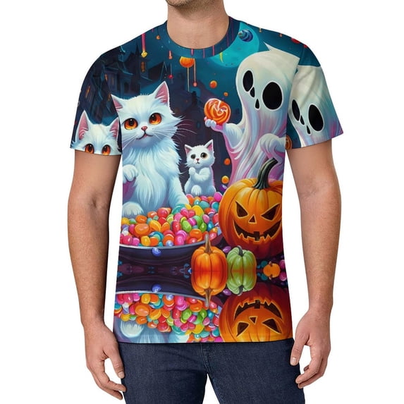 T Shirt For Men Neon Pumpkins Halloween Print Aesthetic T-Shirts O-Neck Novelty Tshirt Beach Male De