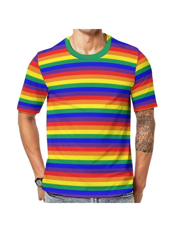 T Shirt For Men Rainbow Pride Flag LGBT Colorful Stripes Men Novelty Beach Graphic Tees Short Sleeve
