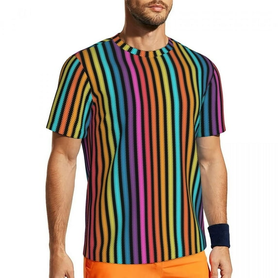 T Shirt For Men Rainbow Striped Colorful Lines Print Harajuku Gym T-Shirts Short Sleeve Quick-drying