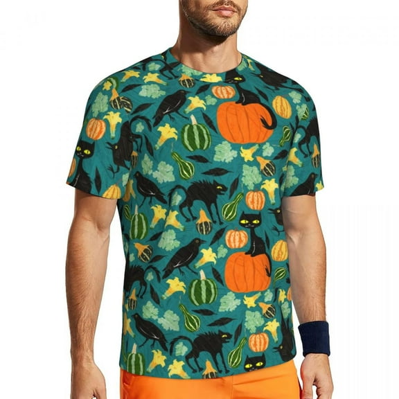 T Shirt For Men Spooky Black Cat Happy Halloween Hippie Gym T-Shirts Short-Sleeve Breathable Tshirt