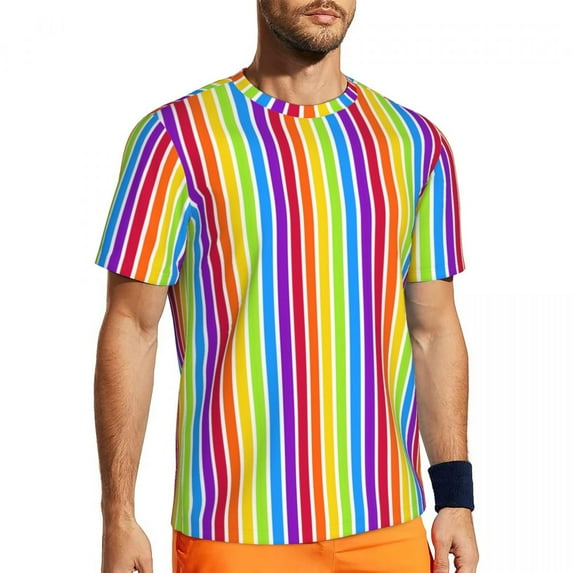 T Shirt For Men Sports Rainbow Print T-Shirts Trending Colorful Stripes Beach Tees O Neck Retro Grap