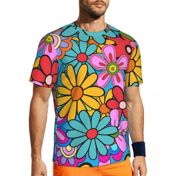 T Shirt For Men Sportswear Hippie Flower Power T-Shirts Fashion Blue Floral Summer Tee Shirt O Neck