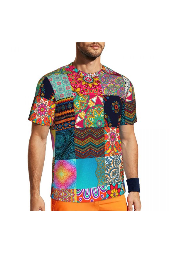 T Shirt For Men Squares Of Patchwork Gym T-Shirt Summer Colorful Vintage Pattern Casual Trending Tsh