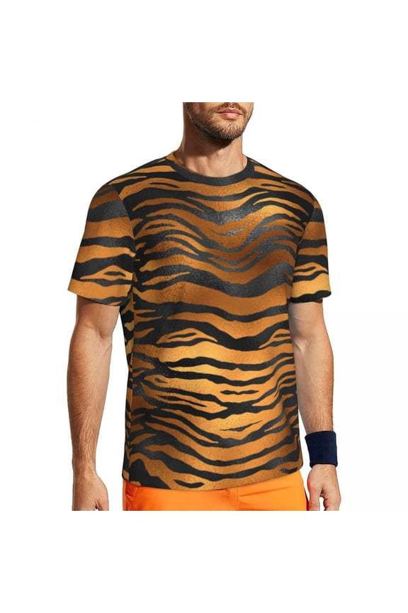T Shirt For Men Tiger Print Stripes Glam Black And Gold Fashion Running Short Sleeve Fast Dry Tshirt