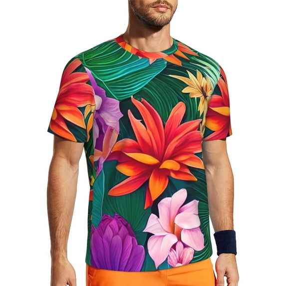 T Shirt For Men Tropical Floral Hibiscus Running Summer Jungle Parrot Fun T-Shirts Harajuku Tshirt F