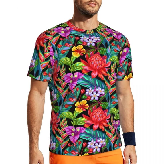 T Shirt For Men Tropical Floral Hibiscus Running Summer Jungle Parrot Fun T-Shirts Harajuku Tshirt F