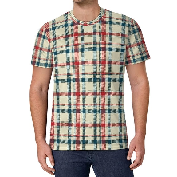 T Shirt For Men Vintage Plaid Green And Red Check Basic T-Shirts O Neck Hippie Tshirt Summer Male Cu