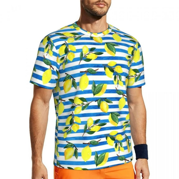 T Shirt For Men Watercolor Fruit Man Lemons On Striped Print Vintage Sports T-Shirts Comfortable Sum