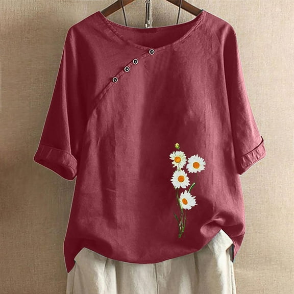 T Shirt For Women Plus Size Cotton Linen Oversized T Shirts for Women Crewneck Short Sleeve Casual Summer Tops Lightweight Loose High Low Blouse