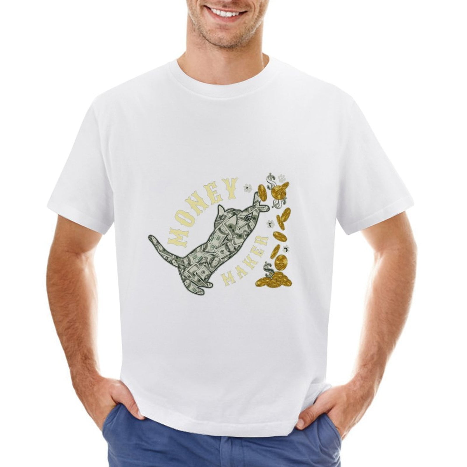 TShirt Funny Cat Playing with Gold Coins Hilarious Men's Tee for