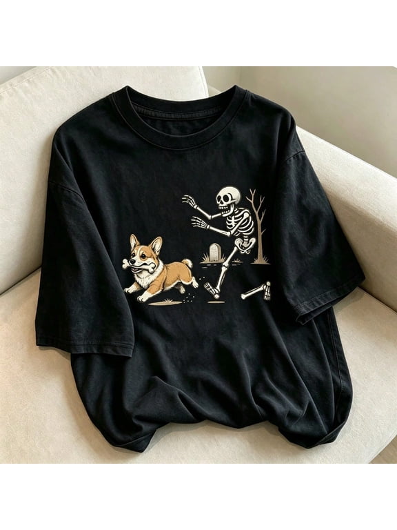 T Shirt Funny Skeleton Chasing Corgi Dog Graphic Print Casual Unisex Adult Summer Streetwear Gift Cotton Men's Women's Tee Shirt