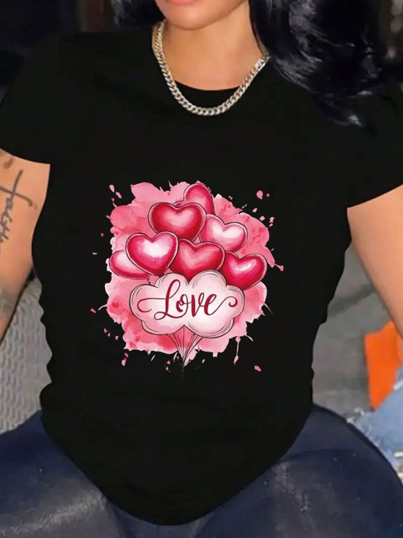 T-Shirt Heart Shaped Balloon Graphic Shirt Cotton Soft Stylish Casual Short Sleeve Crew Neck Top