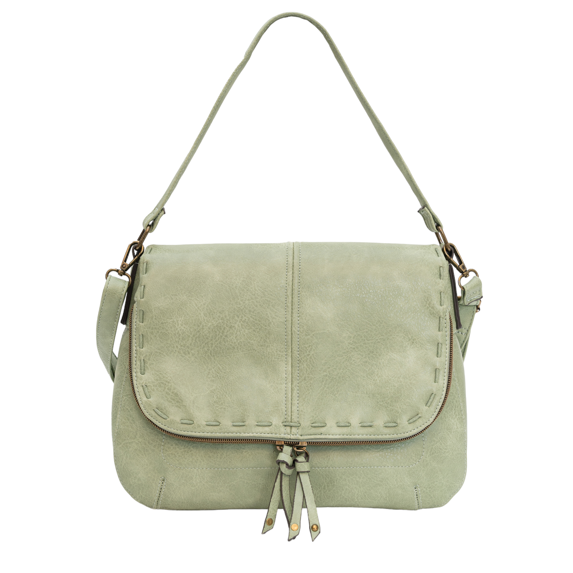 T-Shirt & Jeans Women's Addison Vegan Leather Flap Shoulder Handbag with Crossbody Strap, Sage Cording