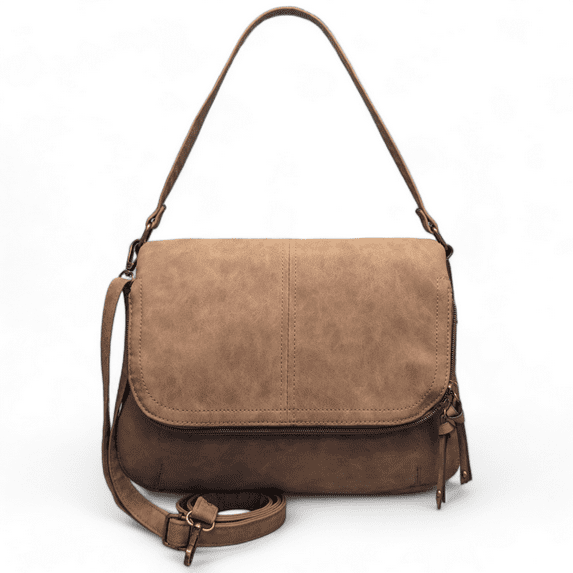 T-Shirt & Jeans Women's Addison Vegan Suede Flap Shoulder Handbag with Crossbody Strap, Cognac Nubuck