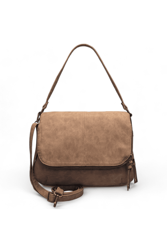 Women's Addison Vegan Suede Flap Shoulder Handbag with Crossbody Strap, Cognac Nubuck