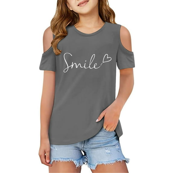 T Shirt Kids Girls 5-6 Years Grey Short Sleeve T-Shirts Back To School Shirt Graphic Printed Top School Clothes