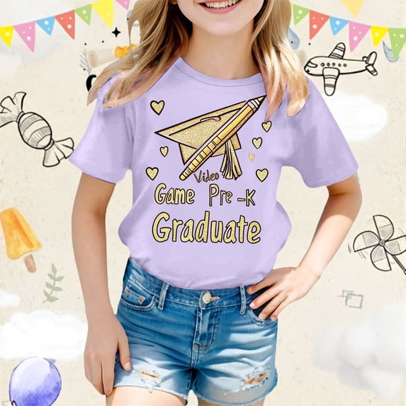 T-Shirt Kids Toddler Girls Boys Pre-K Graduation Cartoon Graphic Short Sleeve Crewneck 2026 Summer Tops Purple 3-4 Years