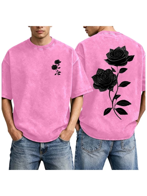 T Shirt Men Black Rose Vintage Washed Oversized Double Side Graphic Print Streetwear Tee