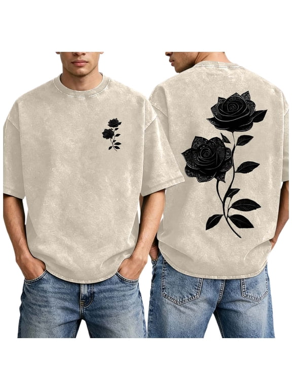 T Shirt Men Black Rose Vintage Washed Oversized Double Side Graphic Print Streetwear Tee