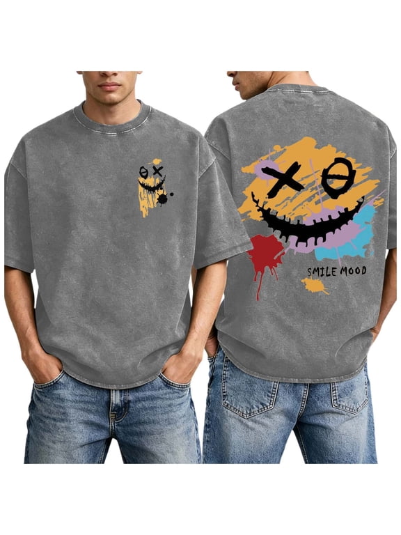 T Shirt Men Smile Mood Vintage Washed Oversized Graffiti Face Double Side Print Casual Streetwear Tee