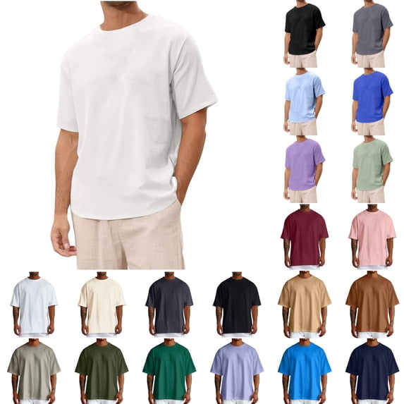 T Shirt Men Summer Solid Linen T Shirt for Men Short Sleeve Crew Neck Basic Top Lightweight Breathable Casual Tee Men's Tshirts BU2 S
