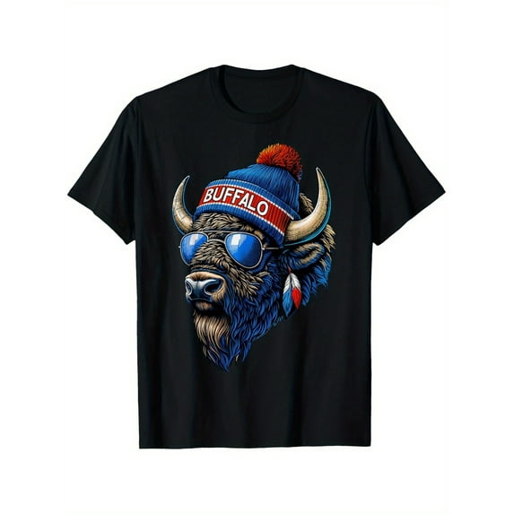 T-Shirt for Men & Women - 100% Cotton, Super Soft & Breathable, Casual Black Crew Neck with Colorful Buffalo Head Illustration, Short Sleeve, Perfect for Daily Wear & Gifts, Summer Tshirt|Crew Neck