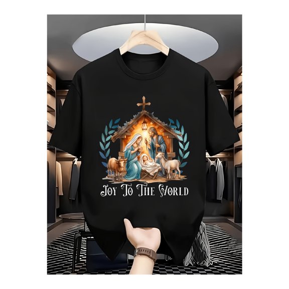 T Shirt Nativity Scene Joy To The World Religious Christmas Design Unisex Adult Holiday Gift Cotton Men's Women's Tee Shirt