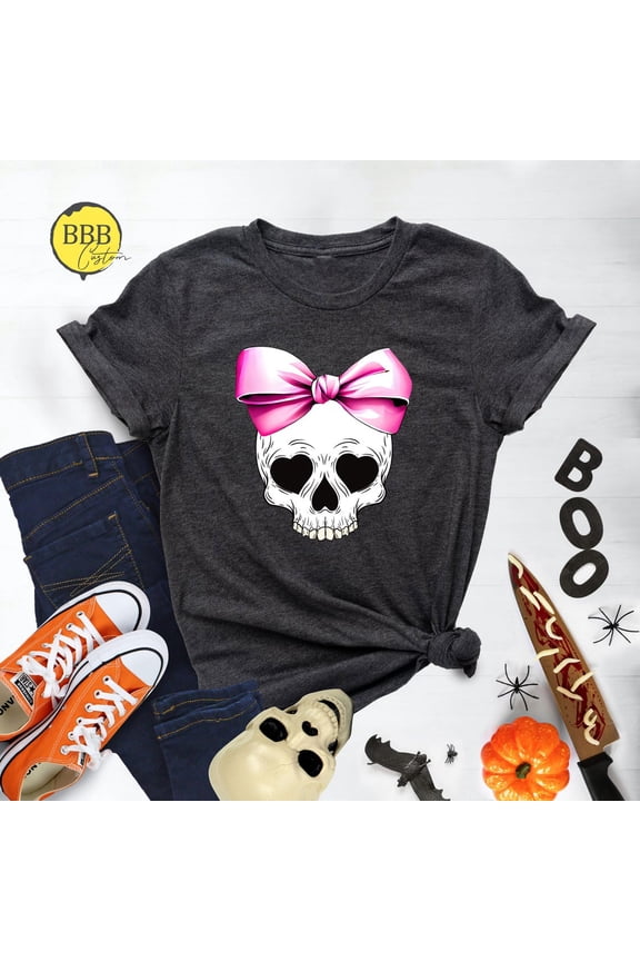 T-Shirt: Pink Bow Coquette Skull Tee Tshirt All Size S-5XL