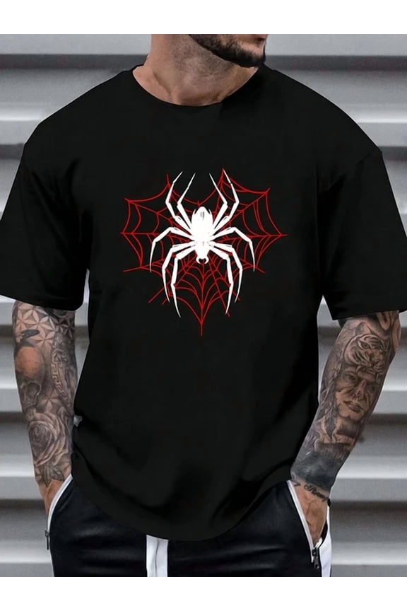 T-Shirt Red Spider Web & Black Spider Graphic Print Round Neck