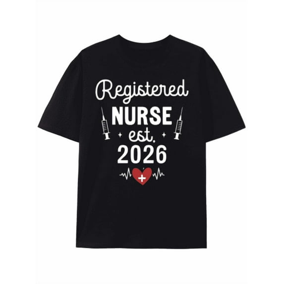 T-Shirt Registered Nurse Est. 2026 Graduation Gift T-Shirt,Men's Summer Round Neck Short Sleeved Casual Cotton Print