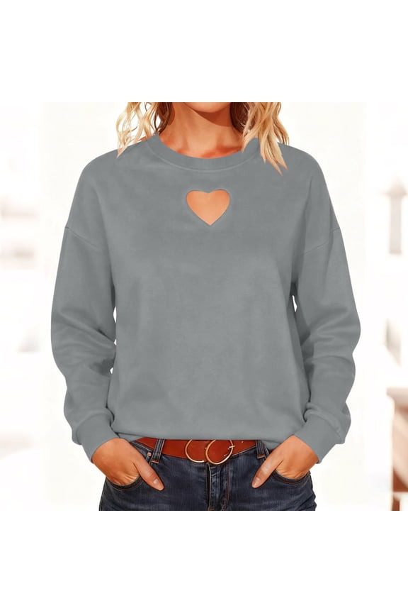 T-Shirt Short Sleeve Womens Oversized Sweatshirt Heart Cut out Crewneck Pullover Tops Solid Color Loose Fitting Long Sleeve Hoodless Sweatshirts Gray L
