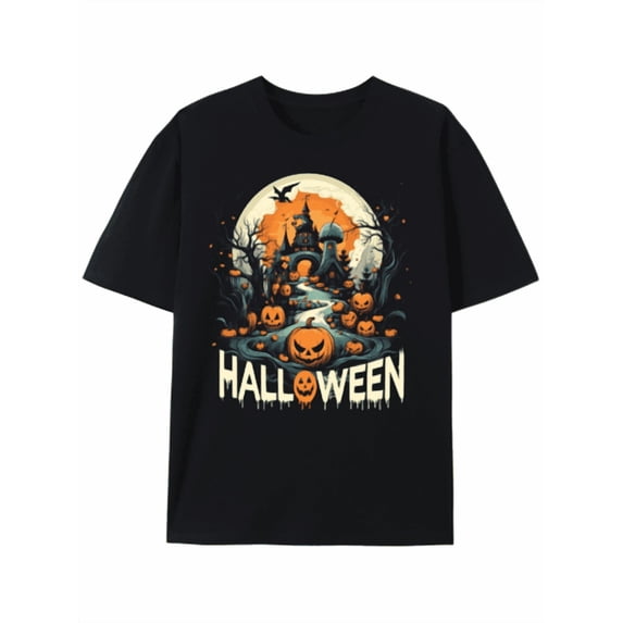Greenink T-Shirt Spooky Halloween Castle Pumpkin T-Shirt, Vintage UniShirt Graphic Tee Tshirts | Gift For Him & Costume Party Idea