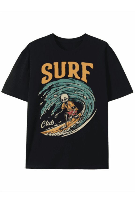 T-Shirt Surf Club Skeleton Surfing Graphic Tee, Vintage Unisex Shirt Graphic Tshirts,Creative Printing Pattern