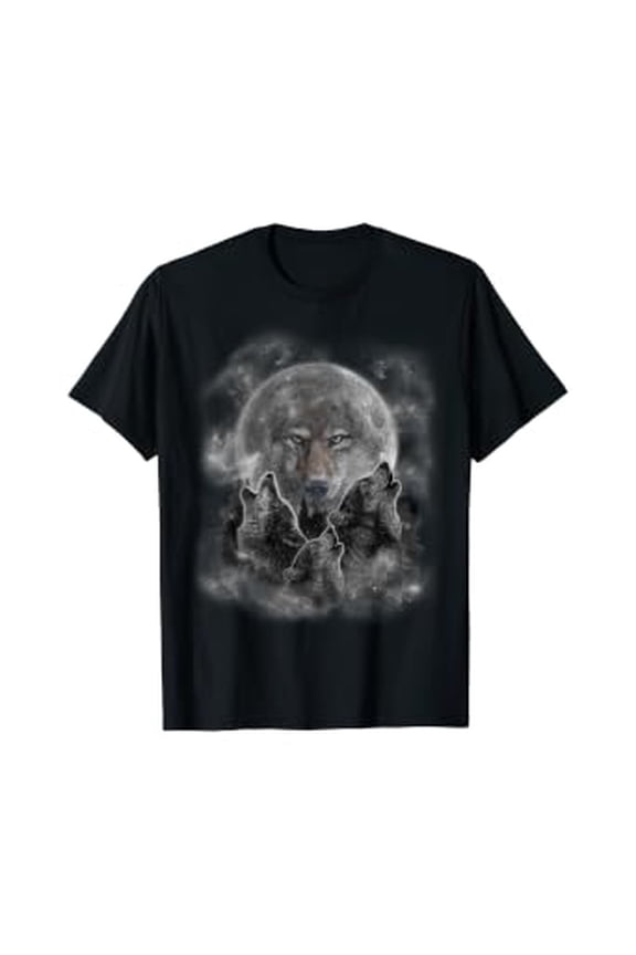 T-Shirt, Three Wolves Howling, Full Moon W Wolf Silhouette