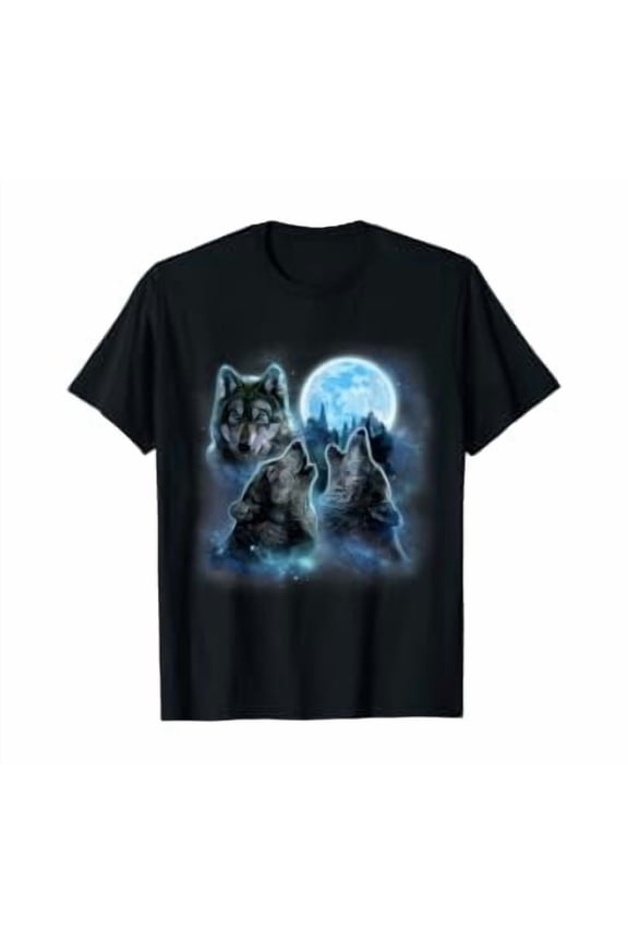 T-Shirt Three Wolves Howling Under Icy Full Moon, Gray Wolf, Unisex T-Shirt
