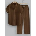 thumbnail image 1 of T-Shirt Trousers Sets Outfit Tracksuit Sports Suit Men's Linen Shirt Sets Outfits 2-Piece Shirts Long Sleeve Loose Yoga Pants Beach Wear Brown XL, 1 of 5