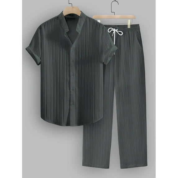 T-Shirt Trousers Sets Outfit Tracksuit Sports Suit Men's Linen Shirt Sets Outfits 2-Piece Shirts Long Sleeve Loose Yoga Pants Beach Wear Gray XL