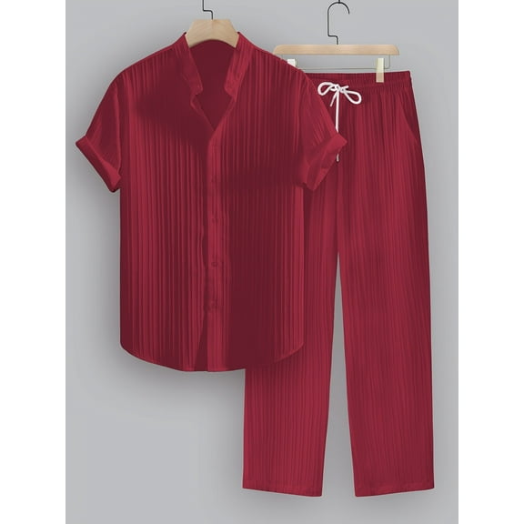 T-Shirt Trousers Sets Outfit Tracksuit Sports Suit Men's Linen Shirt Sets Outfits 2-Piece Shirts Long Sleeve Loose Yoga Pants Beach Wear Wine L