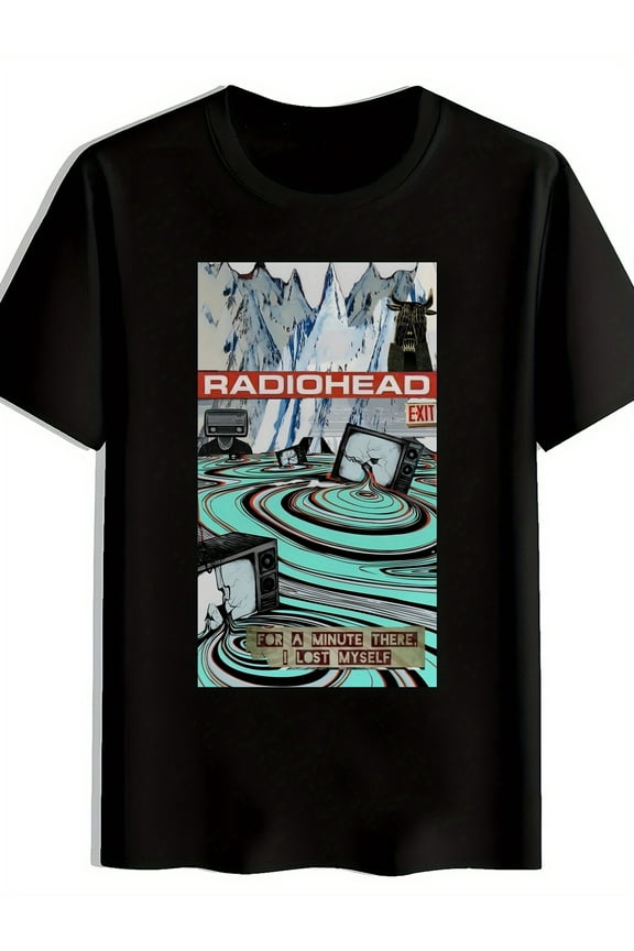T-Shirt - Vintage Radio & Mountain Design, Short Sleeve Crew Neck, Casual Summer Tee for Men, Black with Colorful Print, Summer Casual Wear | Radiohead Themed Shirt | Graphic Print Te