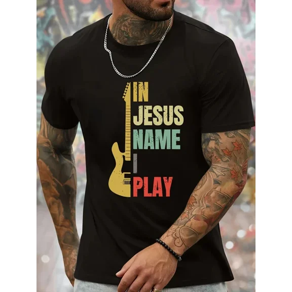 T-Shirt With Mens Stylish Graphic Print T-Shirt Summer Trendy Short Sleeve Tee With Guitar