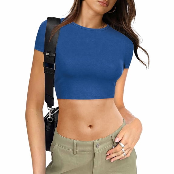 T-Shirt Women Crew NeckShort Sleeves Basic Shirt Dark Blue Womens Spring Tops for Women