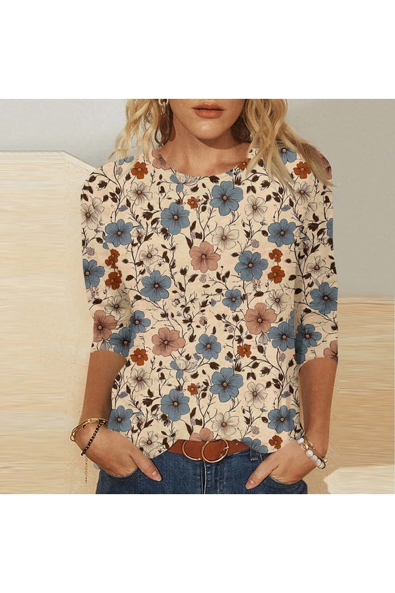 T Shirt for Women Crewneck Three Quarter Sleeve Fashion Loose Fit Abstract Swirl Dot Print Soft Breathable Lightweight Graphic Loungewear Daily Wear Summer Fall Tops