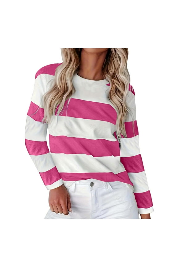 T Shirt Women Lightweight Long Sleeve Color Block Print T Shirt Crew Neck Fall Casual Regular Fit Tees for Women