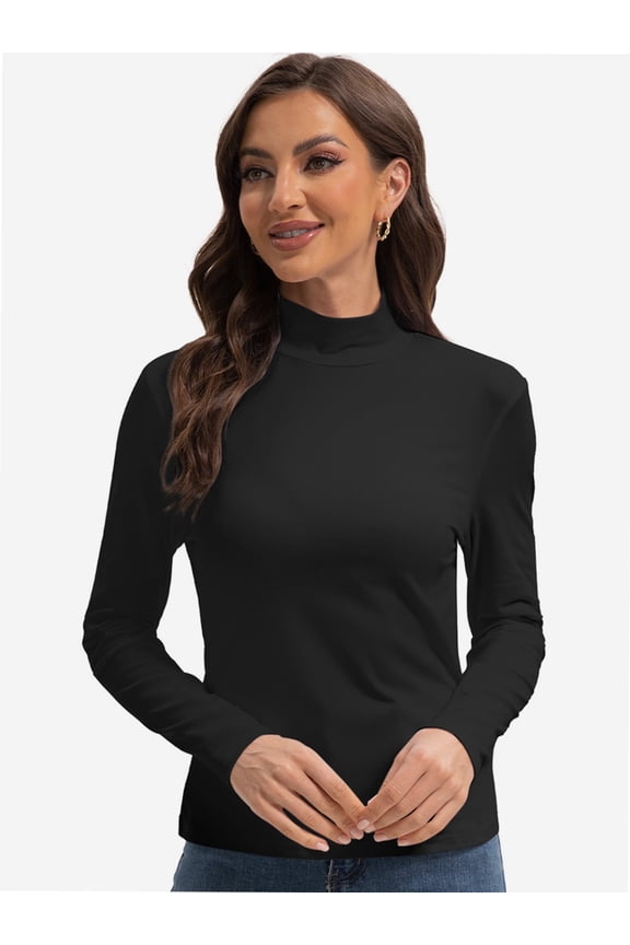 Women Long Sleeve Mock Neck Slim Fit Basic Soft Lightweight Stretch T-Shirt Size S-XXL