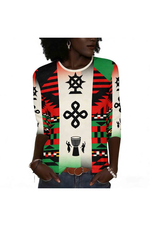 T-Shirt for Women Round Neck 3/4 Sleeve Geometric Tribal Pattern Fashion Streetwear Casual Fit Lightweight Stretchy Breathable Soft Fabric Fall Graphic Tops