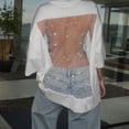 thumbnail image 1 of T Shirt Women Round Neck Mesh Hollow Out Backless Loose Fit T Shirt Top with Rhinestone Detail Summer Tops for Women White L, 1 of 9