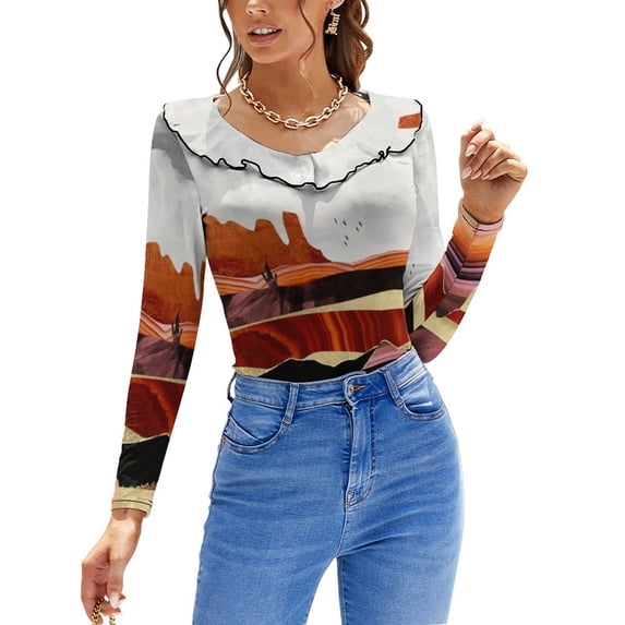 T-Shirt Women'S Coral Desert Lake Ruffle Short Sleeve Women's V Neck Print Tops Coral Pink Orange Blush Black Gold Copper